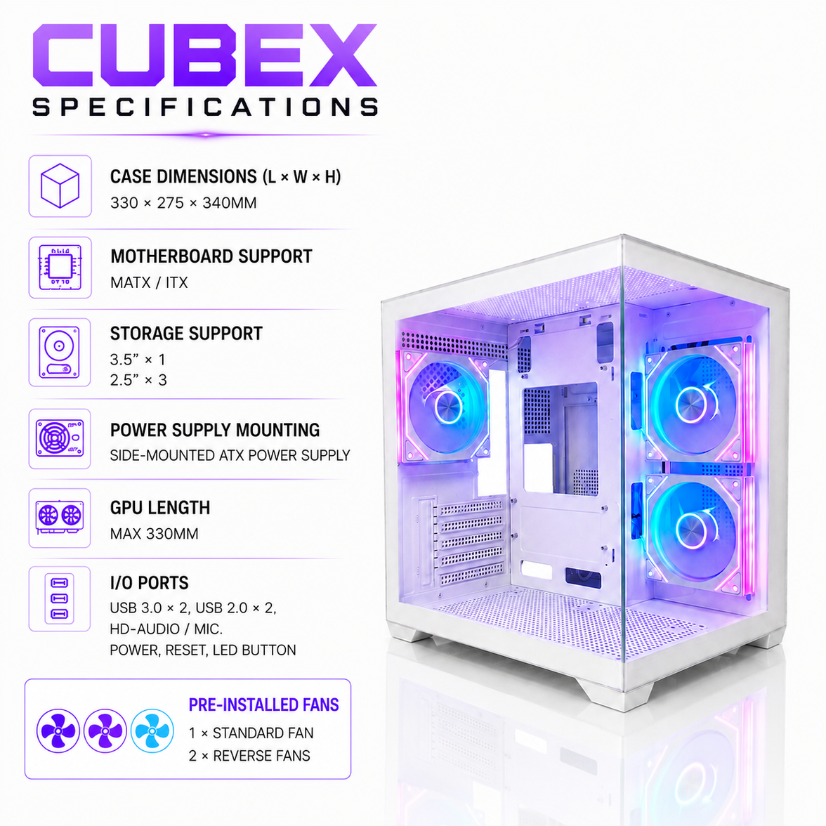 CUBEX MATX ARGB GAMING PC CASE - WHITE